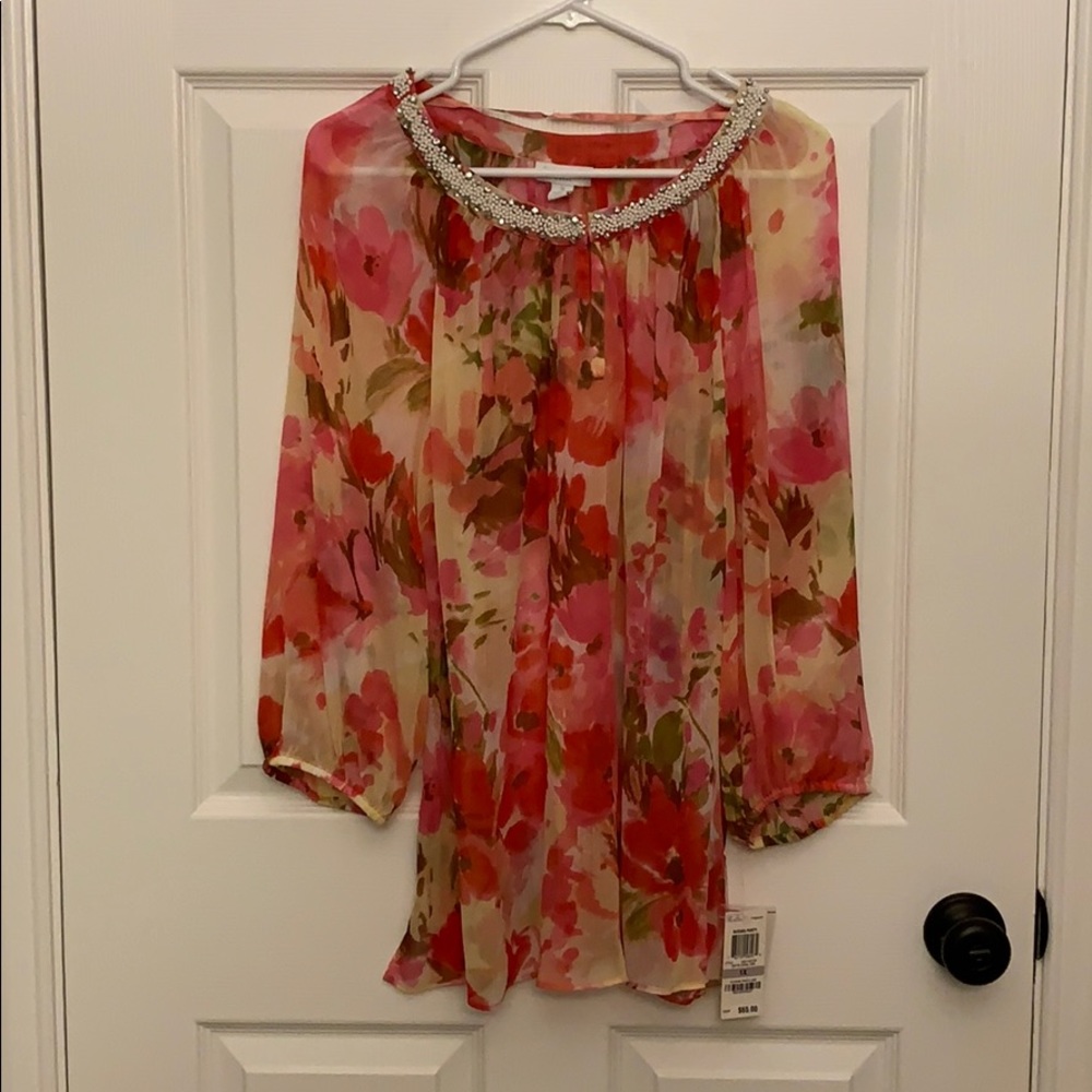 Charter club sheer chiffon pink top beaded collar